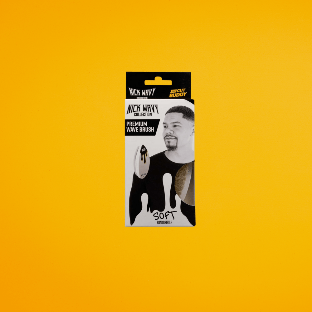 Front of retail packaging for Nick Wavy Collection Premium Soft Wave Brush with pure boar bristles for 360 waves.