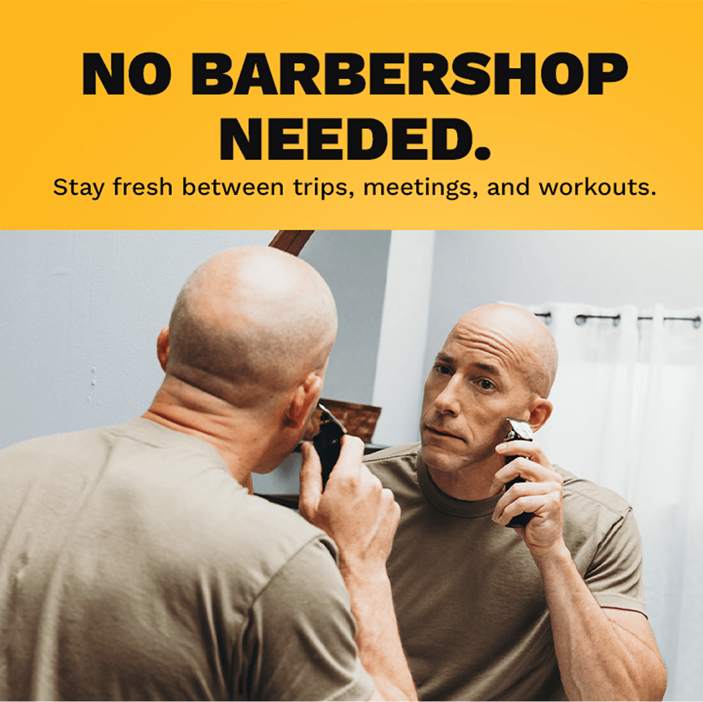 A man uses a black cordless trimmer in front of a bathroom mirror to maintain his haircut. Text overlay: No Barbershop Needed.