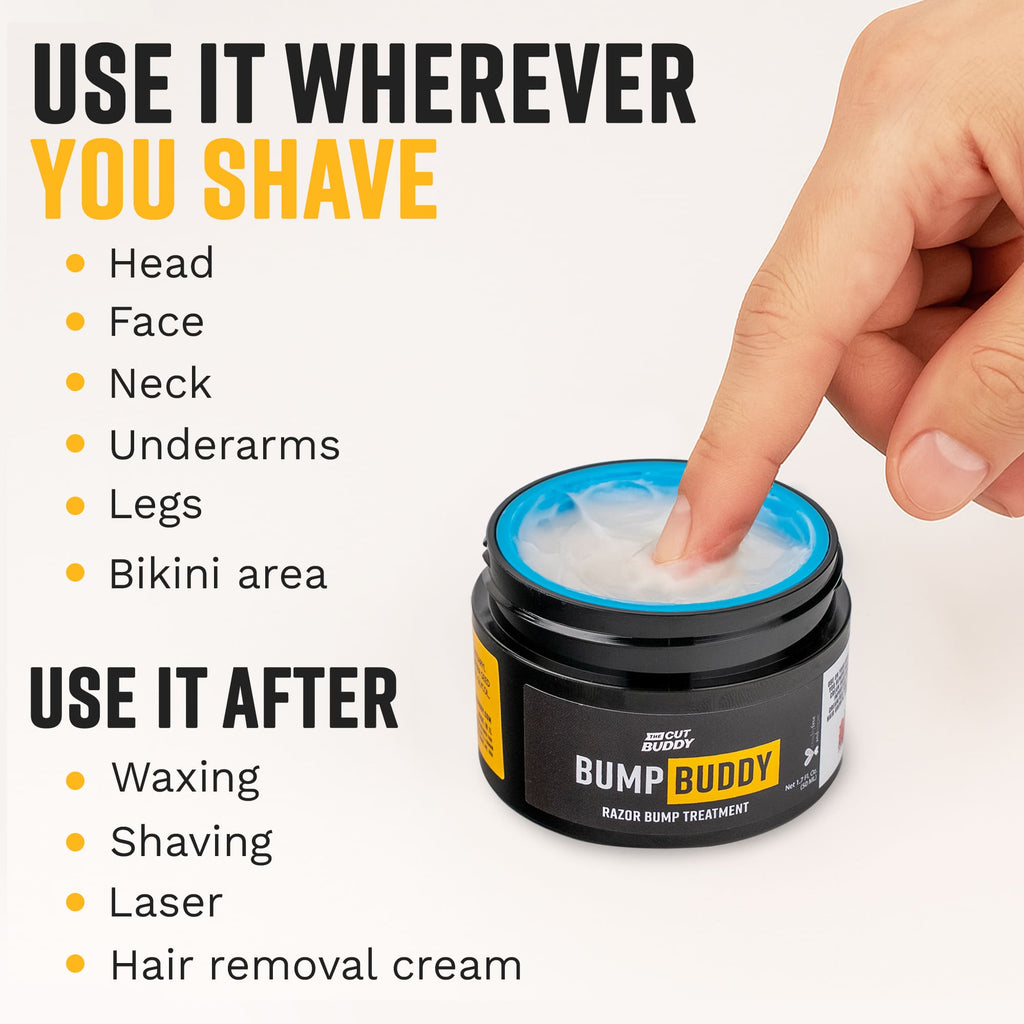 List of Bump Buddy uses for head, face, underarms, and bikini area after waxing, shaving, laser, or hair removal cream.