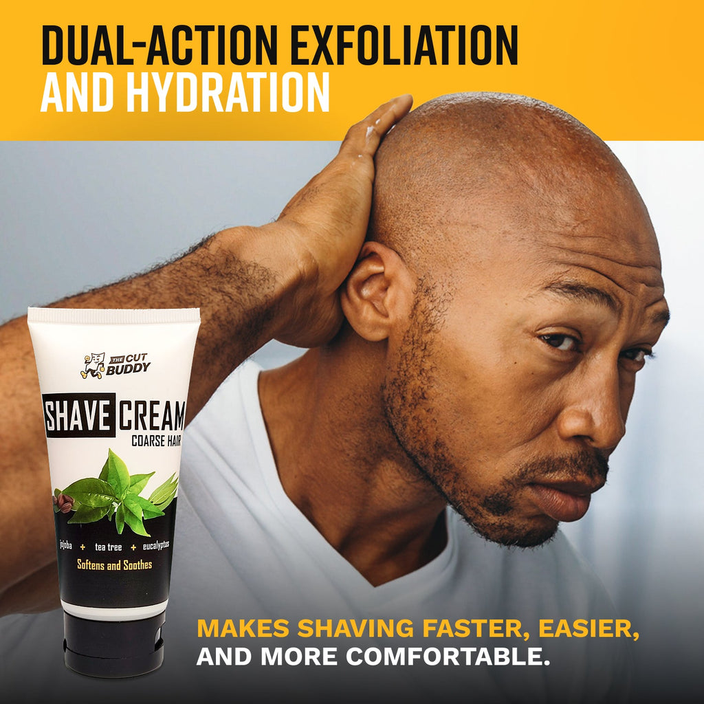 A handheld demonstration of The Cut Buddy shaver and cleaning cup with text about maintaining peak performance.