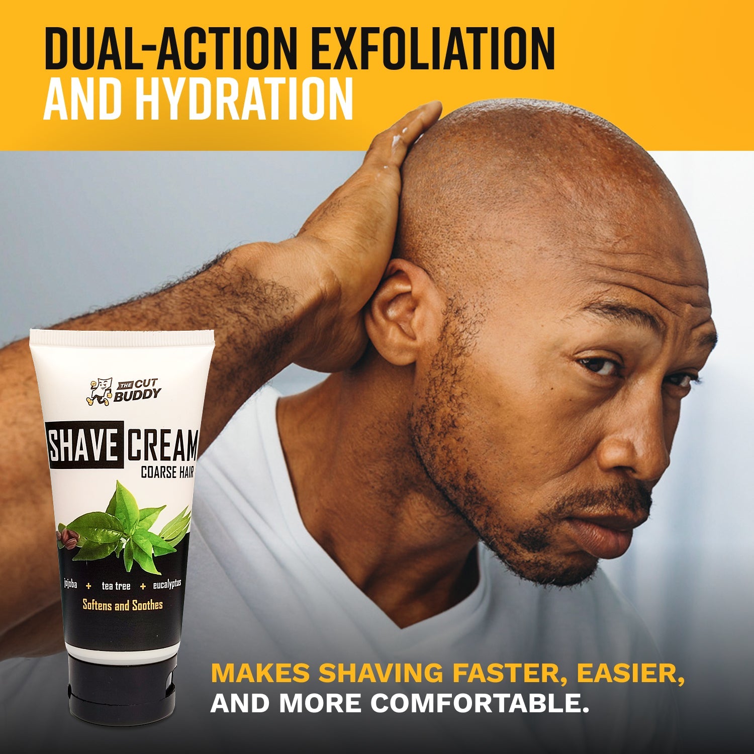 A handheld demonstration of The Cut Buddy shaver and cleaning cup with text about maintaining peak performance.