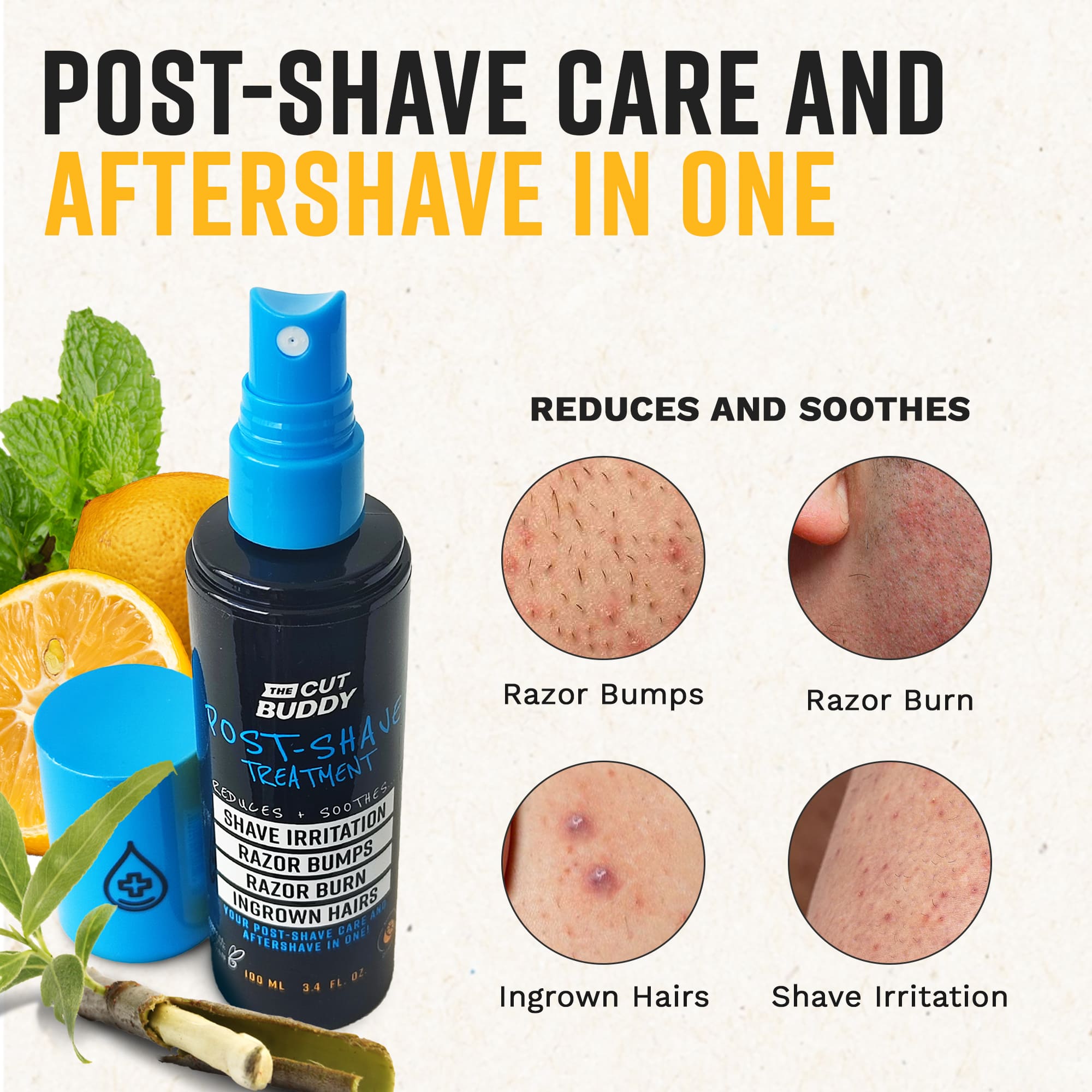 Visual guide showing the treatment's effectiveness against razor bumps, razor burn, ingrown hairs, and general shave irritation.