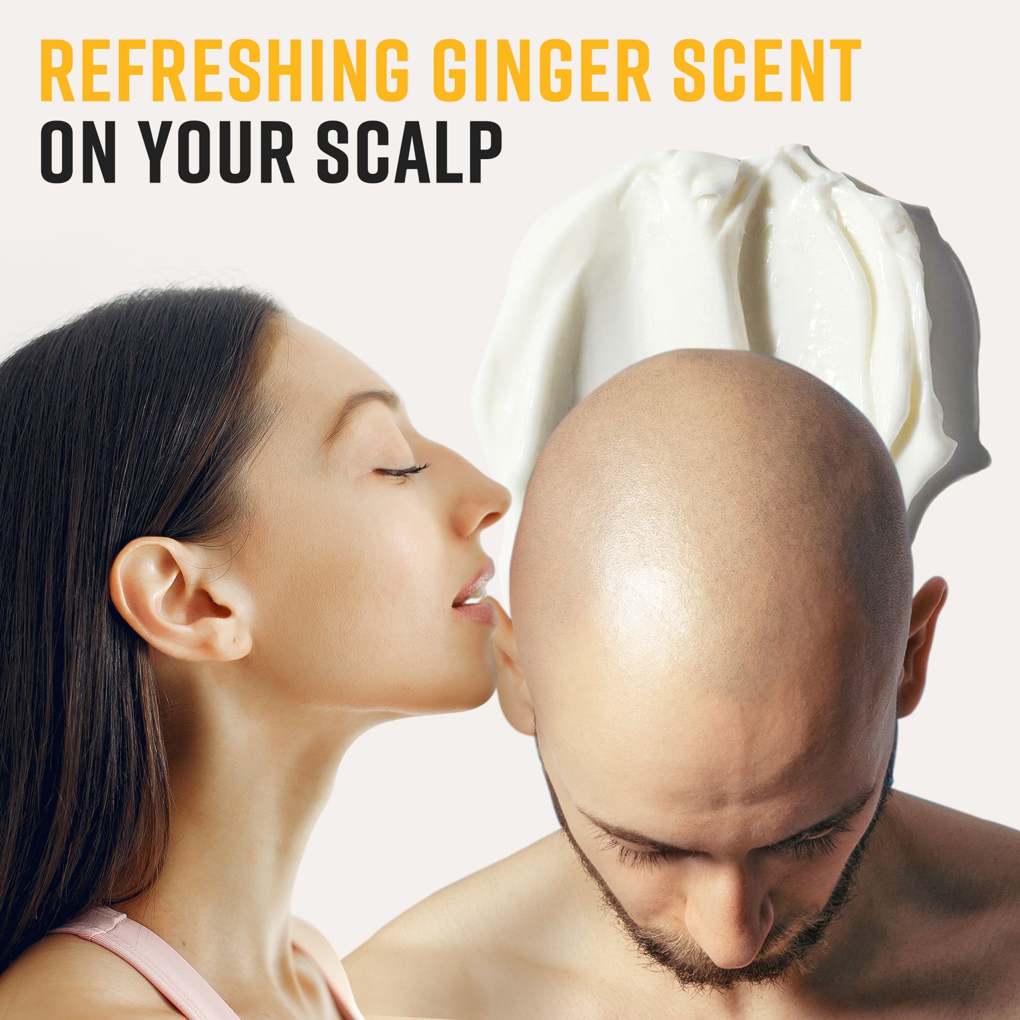 Lifestyle shot highlighting the refreshing ginger scent of the After Shave Butter on a clean-shaven scalp.