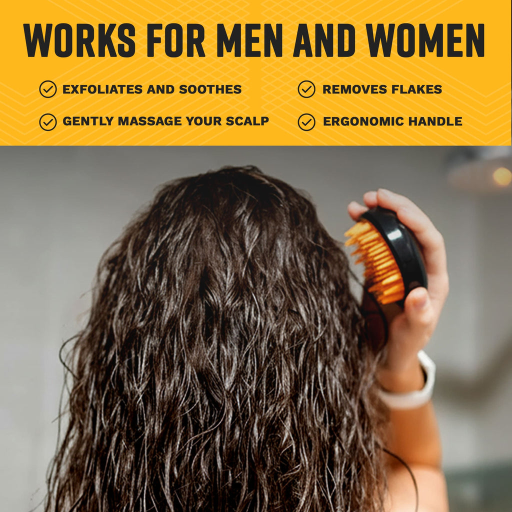A person with wet wavy hair using an orange detangling brush, with text highlighting that it exfoliates, removes flakes, and massages the scalp for men and women.
