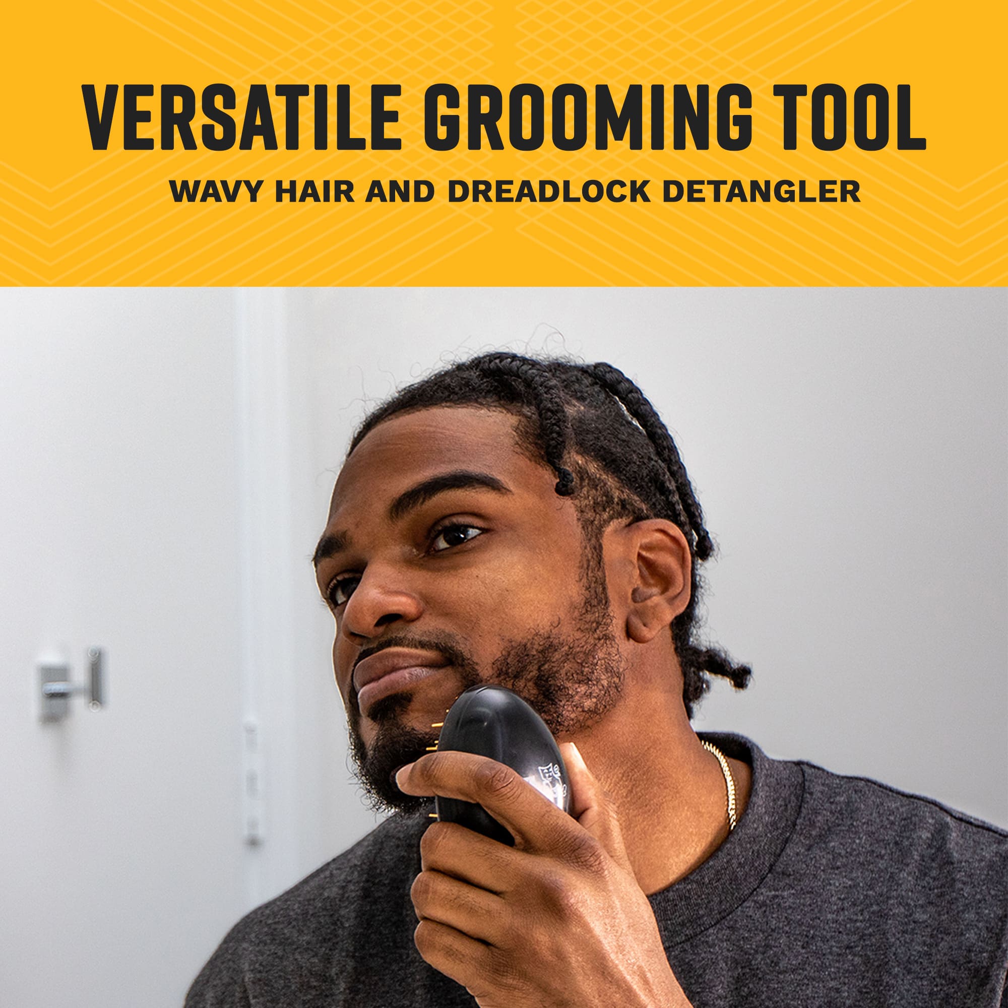 A man using an orange grooming tool on his beard, with text identifying it as a versatile wavy hair and dreadlock detangler.