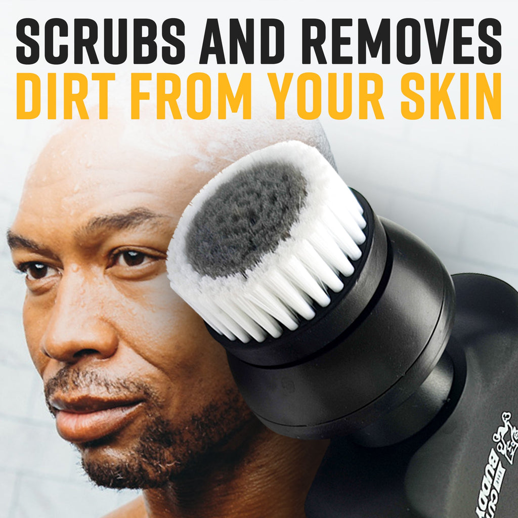 Close-up of a man using the cleansing brush to scrub and remove dirt and impurities from his skin.