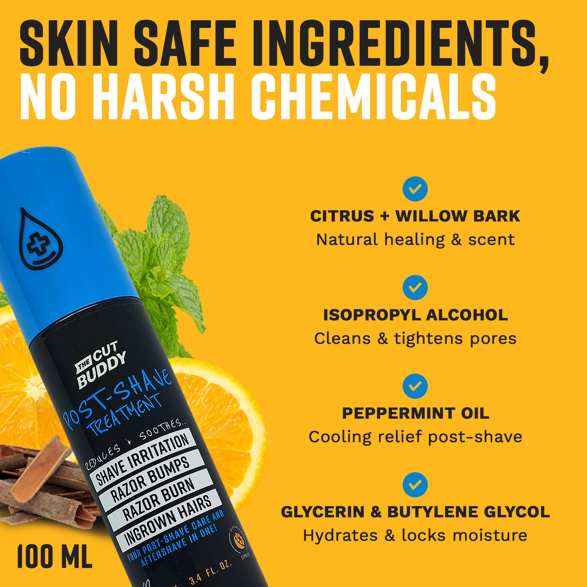 Detailed ingredient list including Citrus, Willow Bark, Peppermint Oil, and Glycerin for skin hydration.