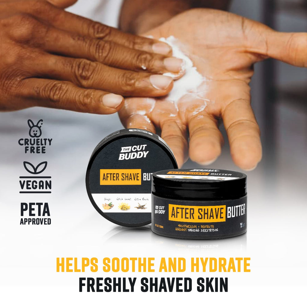 Close-up of applying After Shave Butter to soothe and hydrate freshly shaved skin.