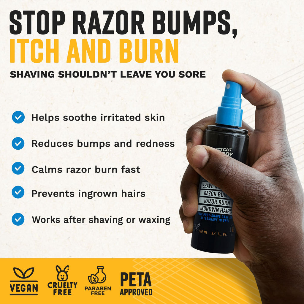 Infographic listing treatment benefits: soothes irritated skin, reduces redness, and works after shaving or waxing.