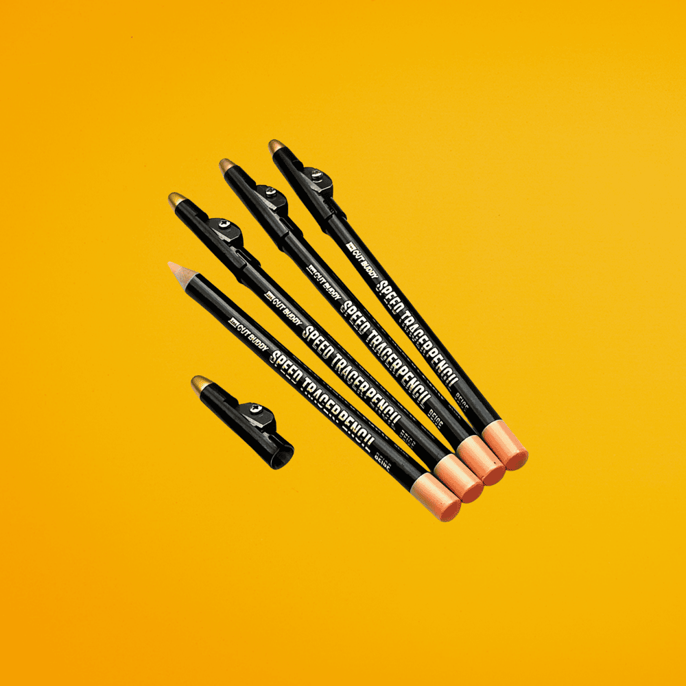 A set of four black The Cut Buddy Speed Tracer Pencils with beige tips and integrated sharpeners, isolated on a yellow background.