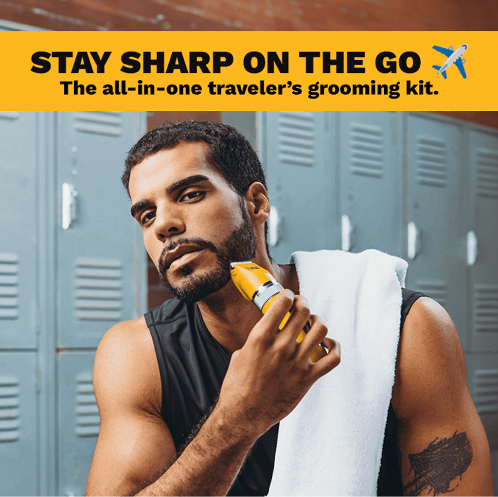 A man trimming his beard with a yellow Cut Buddy clipper in a locker room setting. Text overlay: Stay Sharp On The Go, the all-in-one traveler's grooming kit.
