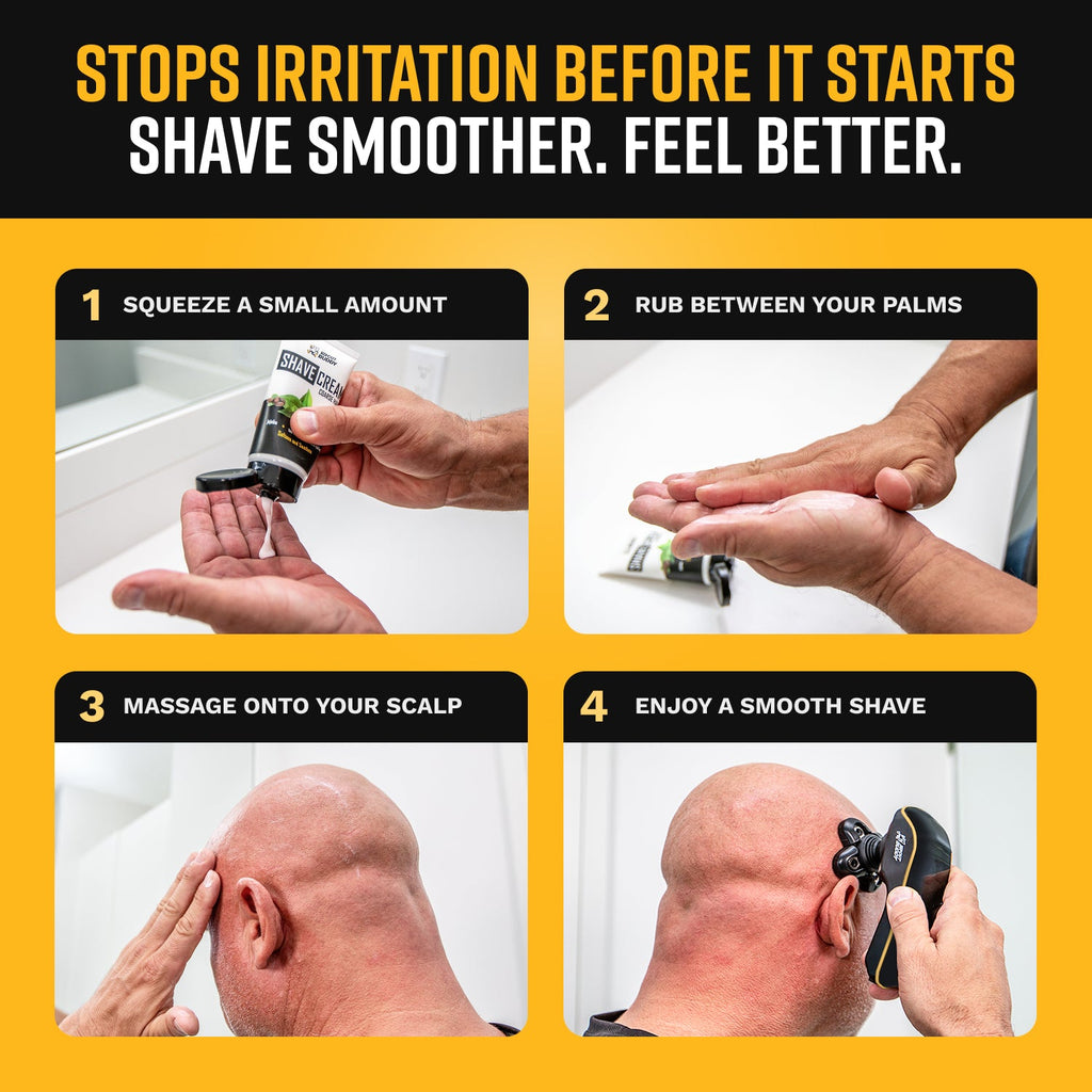 Step-by-step visual guide on how to stop irritation before it starts by properly applying non-foaming shave cream to the scalp before using an electric shaver.