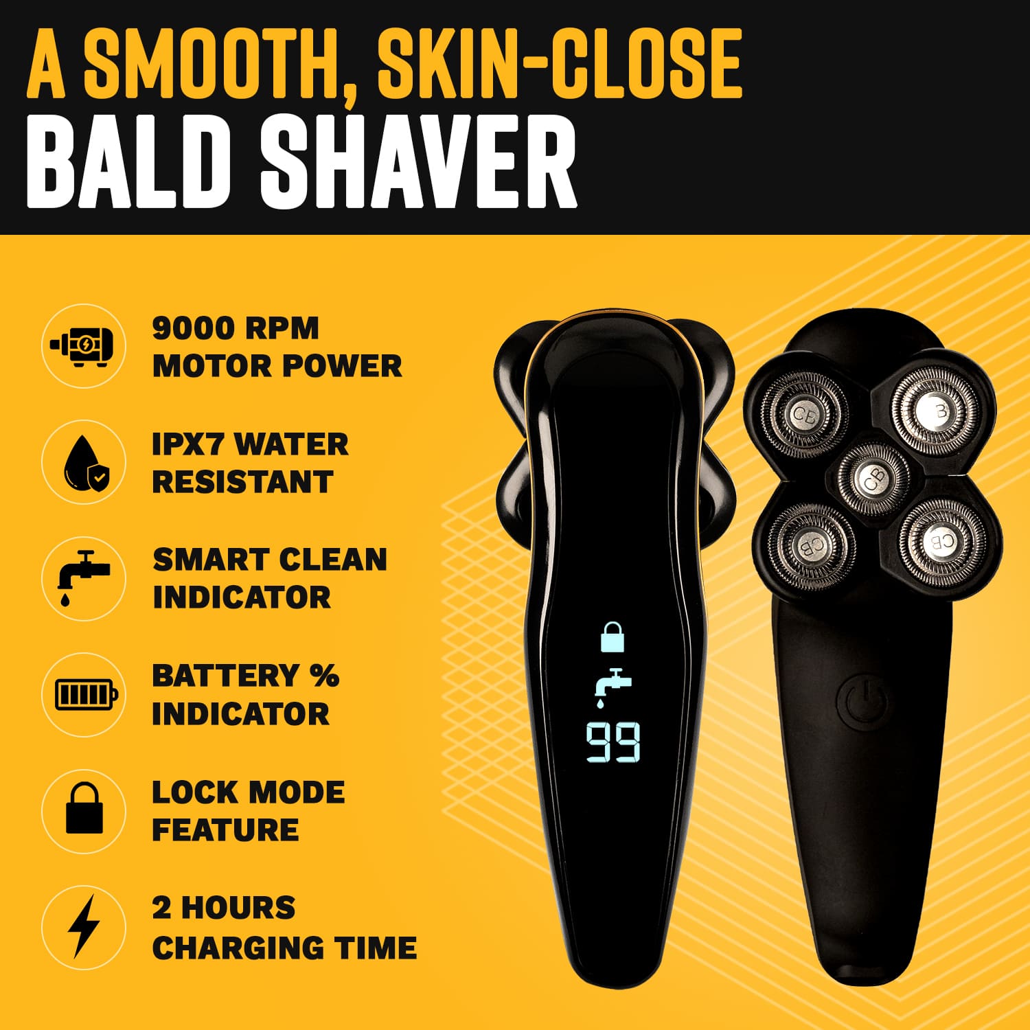 The Cut Buddy rotary shaver features 9000 RPM motor power and IPX7 water resistance for a skin-close shave.