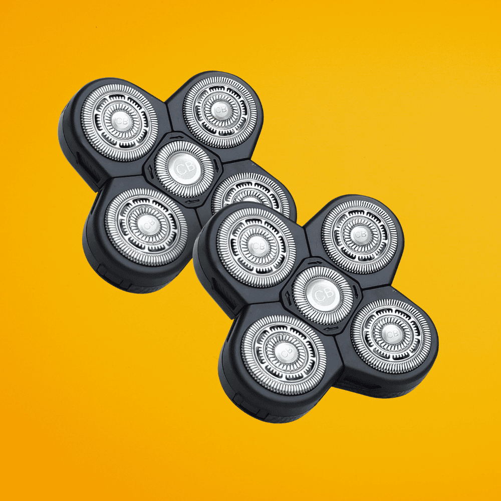 A value 2-pack of replacement 5-blade rotary shaving heads for The Cut Buddy Bald Buddy shaver, providing up to 12 months of use