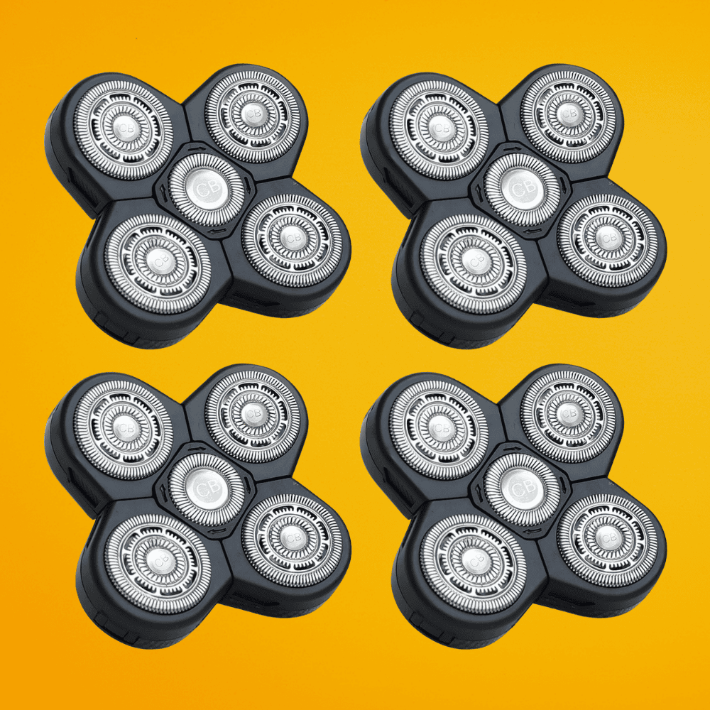 A value 4 pack of replacement 5-blade rotary shaving heads for The Cut Buddy Bald Buddy shaver, specifically designed for coarse and curly hair.