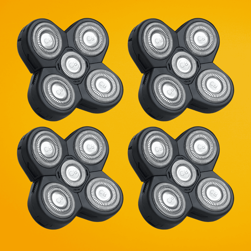 A value 4 pack of replacement 5-blade rotary shaving heads for The Cut Buddy Bald Buddy shaver, specifically designed for coarse and curly hair.