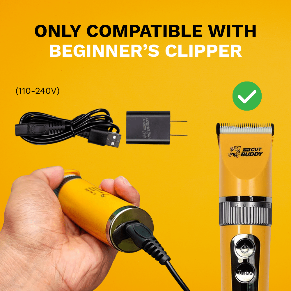 :Compatibility graphic confirming the USB charger kit works with The Cut Buddy Beginner’s Clipper, supporting 110-240V.