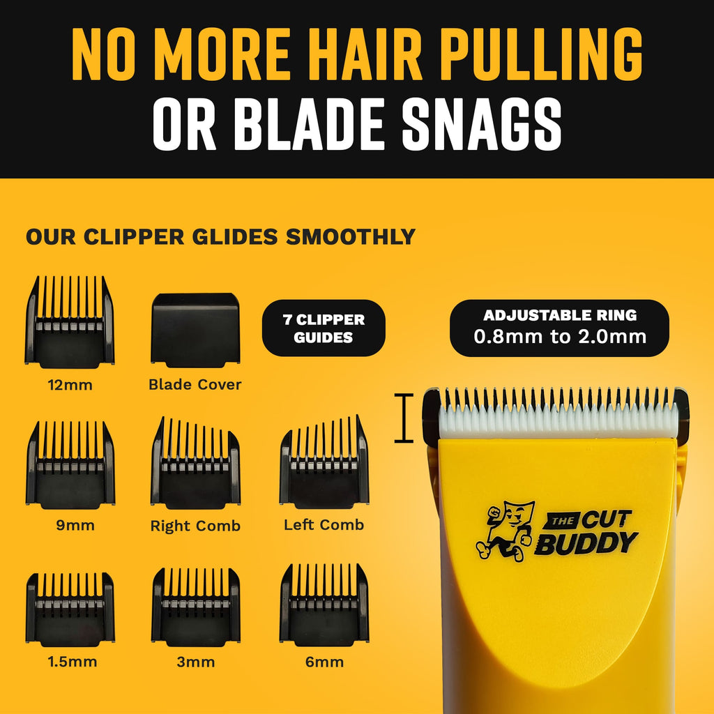 Detail of The Cut Buddy clipper attachments including 7 guides (1.5mm to 12mm), right/left combs, and a 0.8mm to 2.0mm adjustable ring.