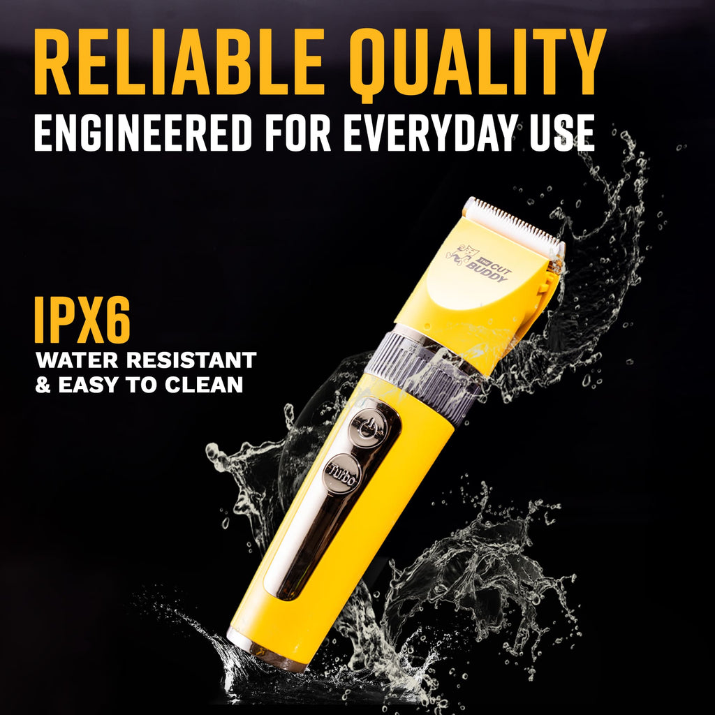 Action shot of the yellow clipper in water highlighting its IPX6 water-resistant rating and easy-to-clean design