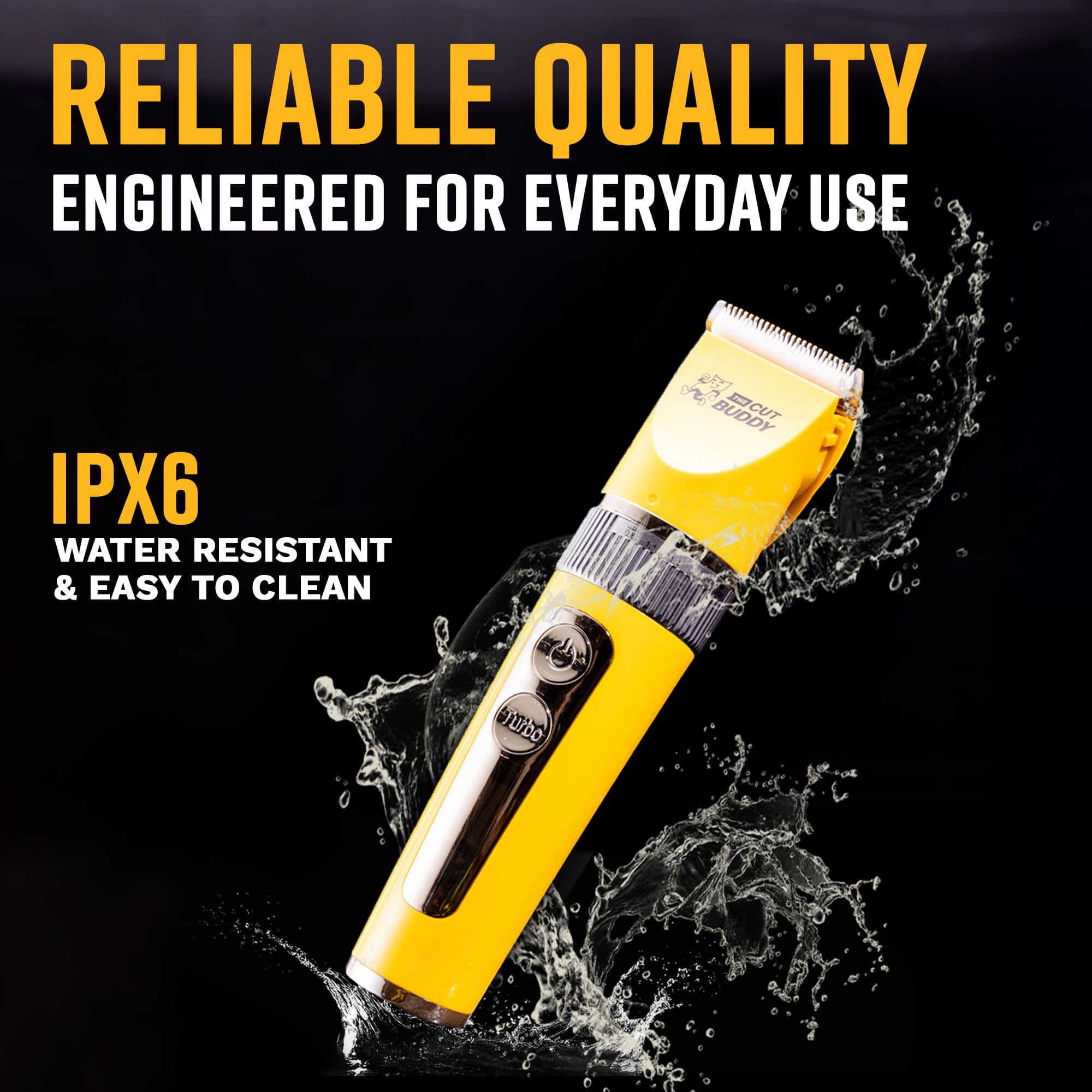 Action shot of the yellow clipper in water highlighting its IPX6 water-resistant rating and easy-to-clean design