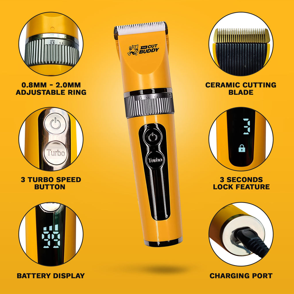Technical breakdown of The Cut Buddy clipper featuring a ceramic blade, 3-speed turbo button, and adjustable ring.