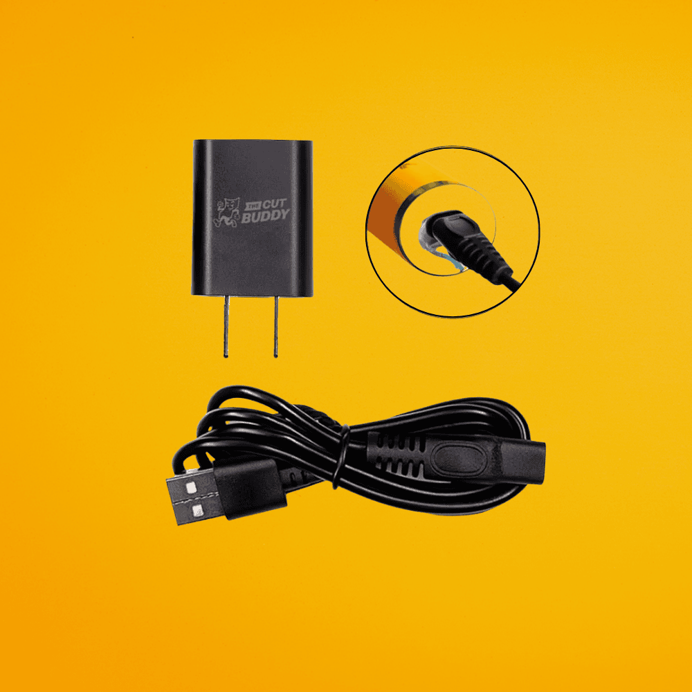 Replacement USB charging cable and power adapter for The Cut Buddy hair clippers and trimmers, featuring a proprietary DC connector.