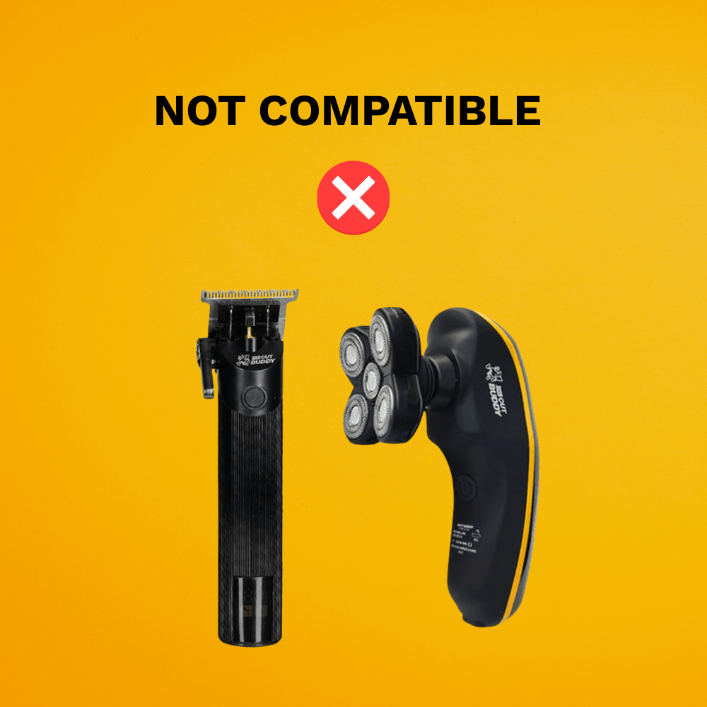 Compatibility warning graphic showing that the USB charger is not compatible with the five-head rotary shaver.