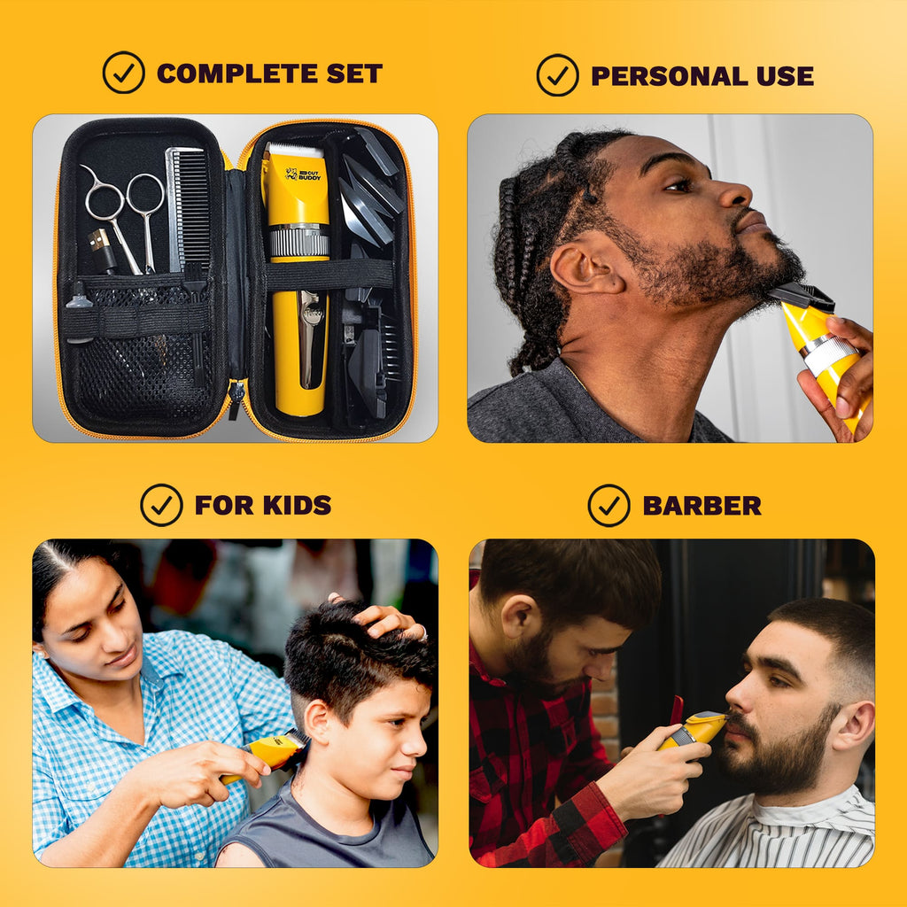 Multi-panel graphic showing The Cut Buddy clipper used for personal beard grooming, kids' haircuts, professional barbering, and organized in a travel case.