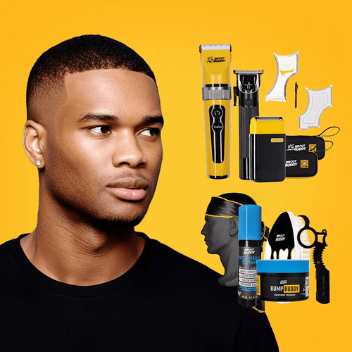 A man with a fresh high-fade haircut next to The Cut Buddy grooming lineup, including professional clippers, trimmers, shave stencils, and Bump Buddy treatment.