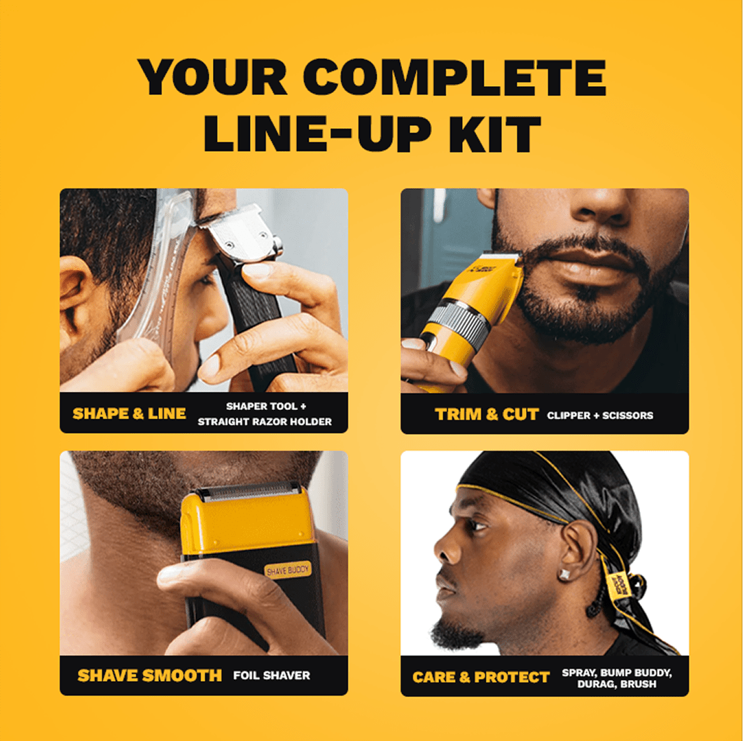 Four-step grooming guide: Shape & Line with Shaper Tool, Trim & Cut with clippers, Shave Smooth with Foil Shaver, and Care & Protect with Bump Buddy.