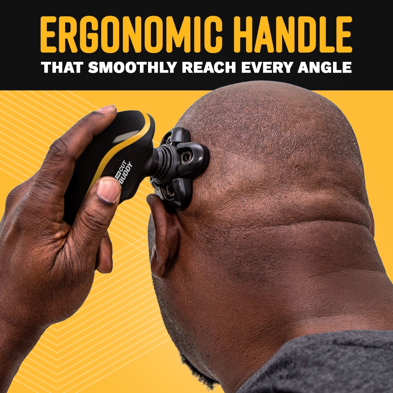 Man using The Cut Buddy rotary shaver with an ergonomic handle to smoothly reach every angle of his head.