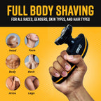 Multi-use graphic showing The Cut Buddy rotary shaver being used for head, face, body, back, arms, and legs across all skin types