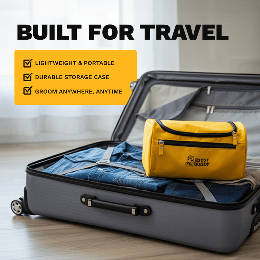 The Cut Buddy yellow travel toiletry bag inside an open suitcase with a denim shirt. Text overlay says Built for Travel, Lightweight and Portable.