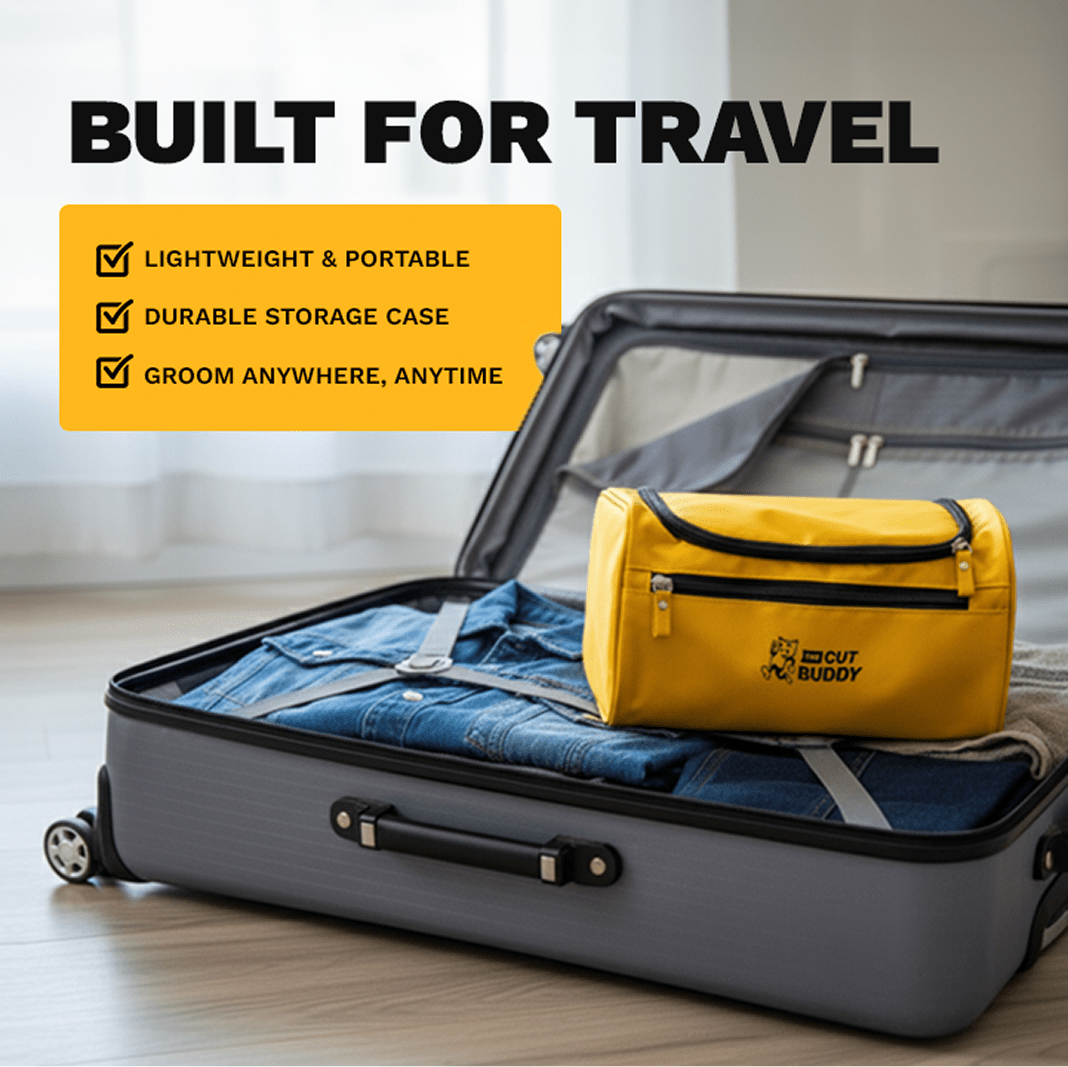 The Cut Buddy yellow travel toiletry bag inside an open suitcase with a denim shirt. Text overlay says Built for Travel, Lightweight and Portable.