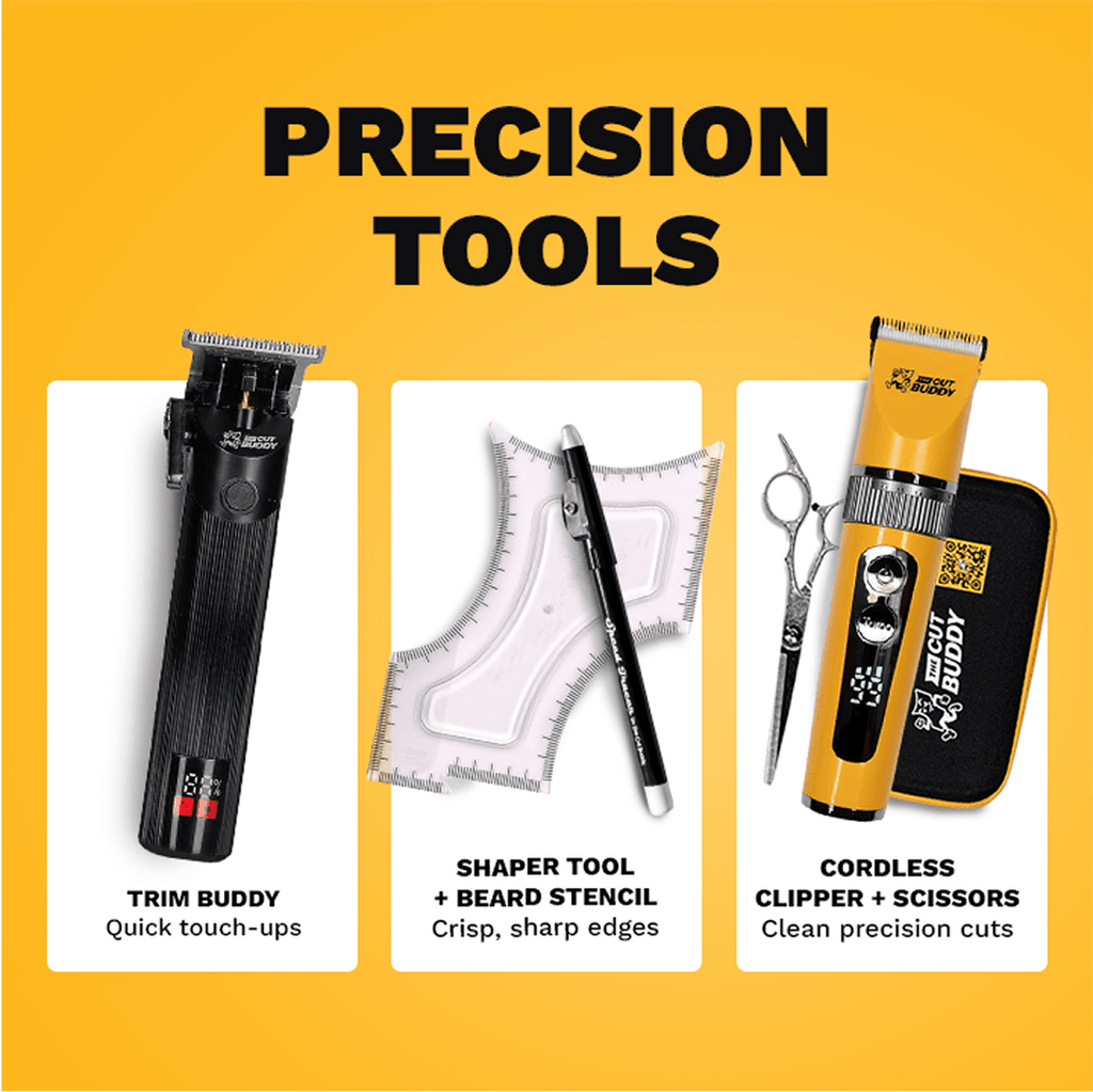 The Cut Buddy precision tools: Trim Buddy for touch-ups, beard shaper tool with stencil for sharp edges, and cordless hair clippers with scissors.