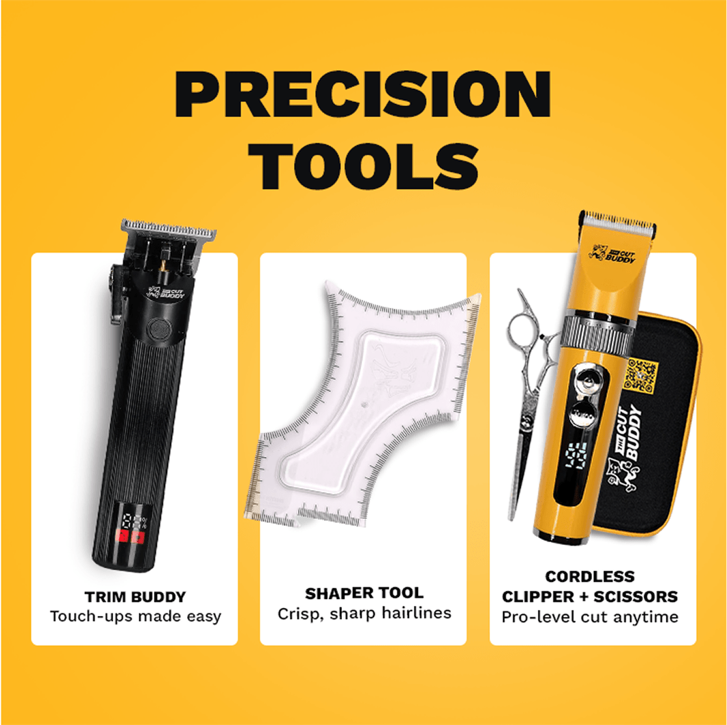 Complete collection featuring the Bald Buddy shaver, hair clippers, beard trimmers, shave stencils, and Bump Buddy skin treatment.