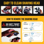 Step-by-step instructional graphic showing how to clean the shaving head and how to safely pull it straight up for removal.