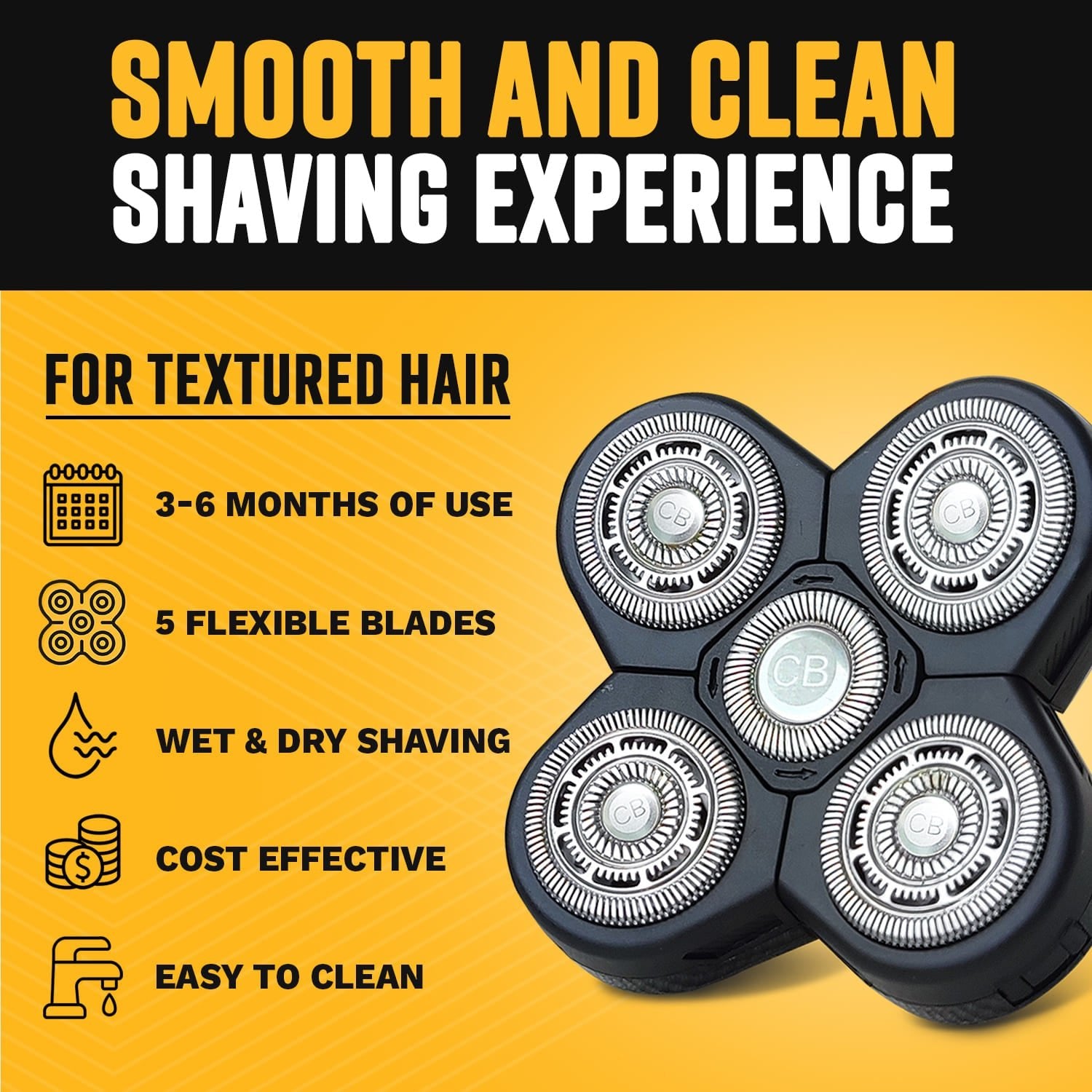 Technical infographic for the 5-head rotary shaver highlighting 3-6 months of use, wet and dry shaving capabilities, and ease of cleaning for textured hair.