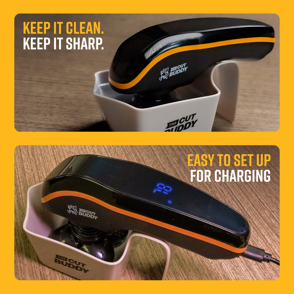 Two-panel image showing The Cut Buddy shaver being cleaned in its stand with the text "KEEP IT CLEAN. KEEP IT SHARP." and charging via USB with a digital battery display showing "99" next to the text "EASY TO SET UP FOR CHARGING"