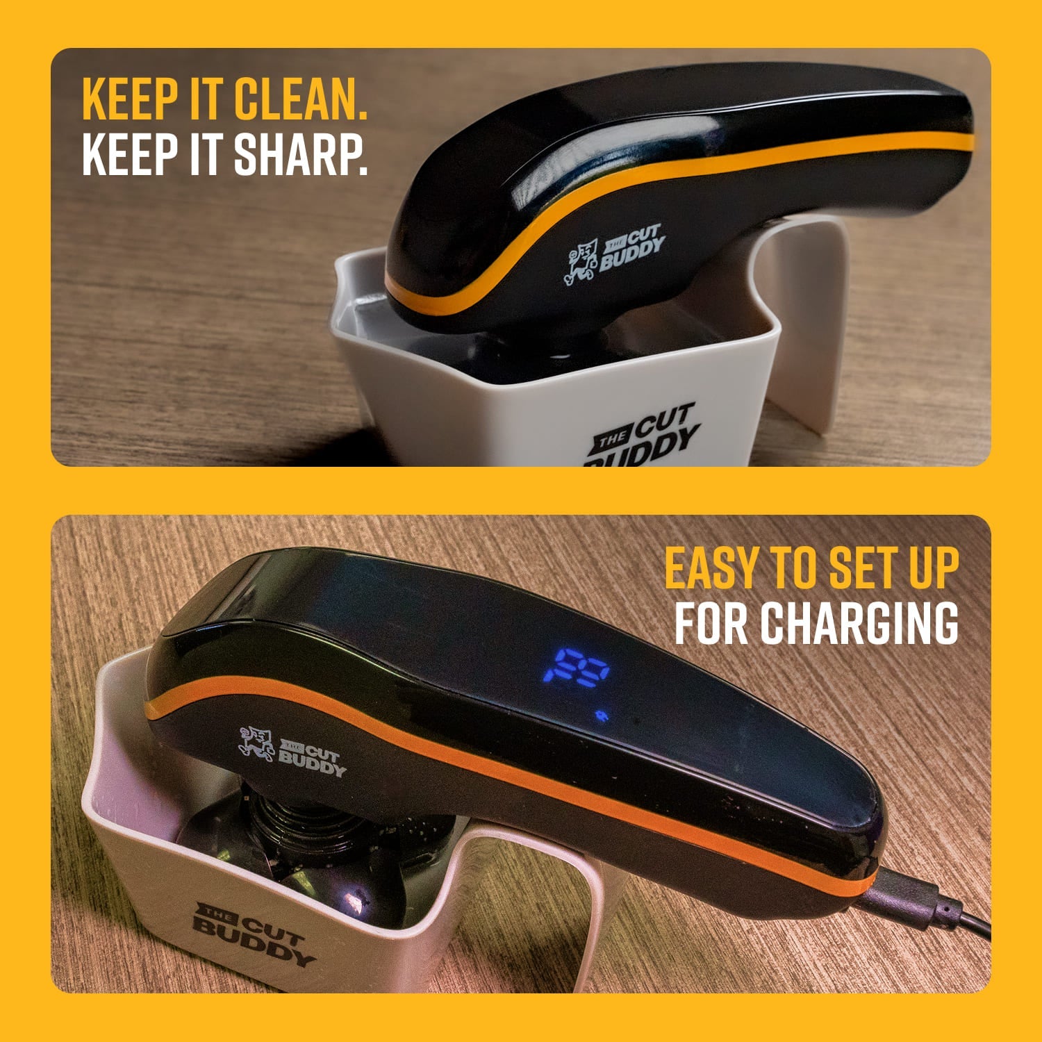 Two-panel image showing The Cut Buddy shaver being cleaned in its stand with the text "KEEP IT CLEAN. KEEP IT SHARP." and charging via USB with a digital battery display showing "99" next to the text "EASY TO SET UP FOR CHARGING"