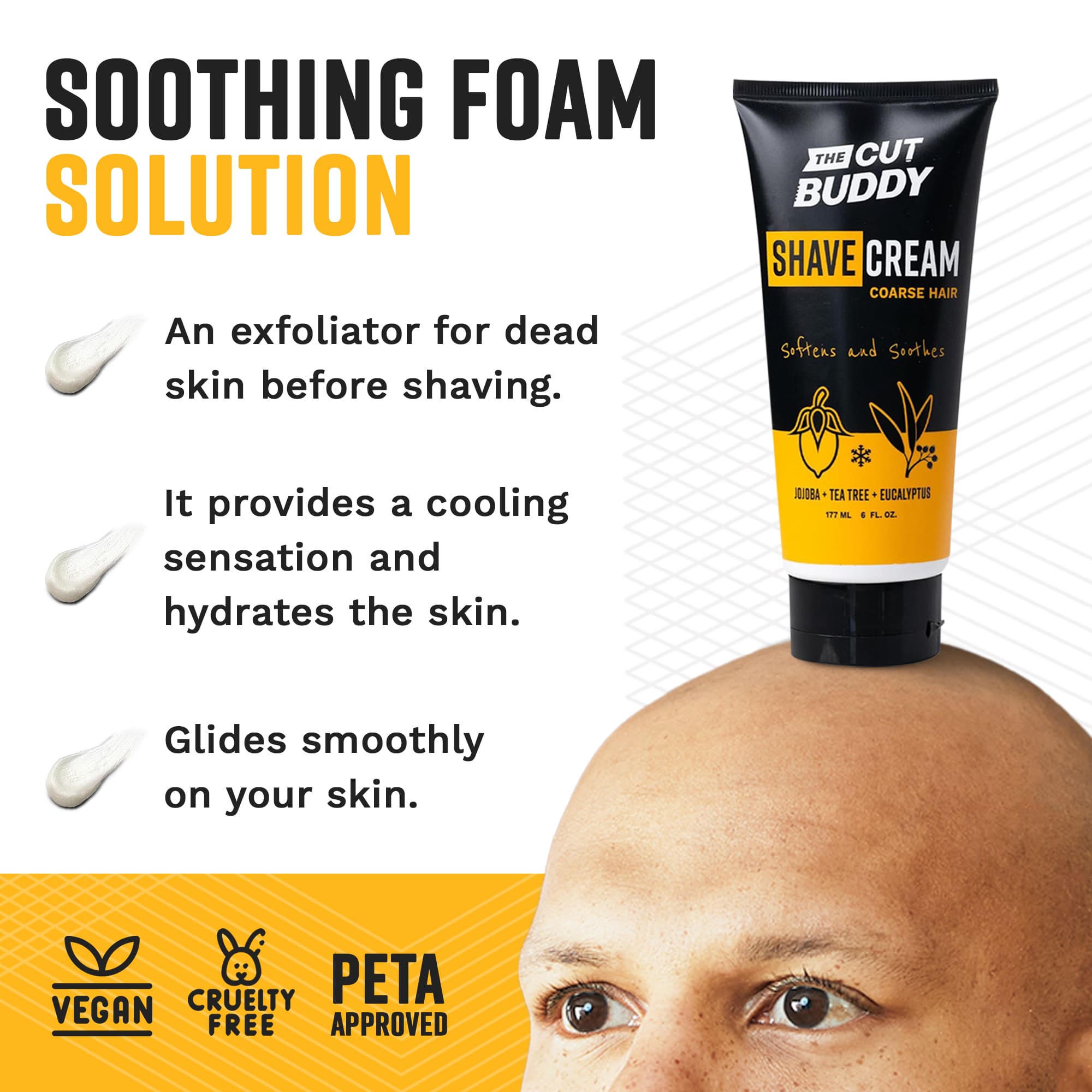 Infographic highlighting vegan, cruelty-free, and PETA-approved shave cream with cooling and hydrating benefits.