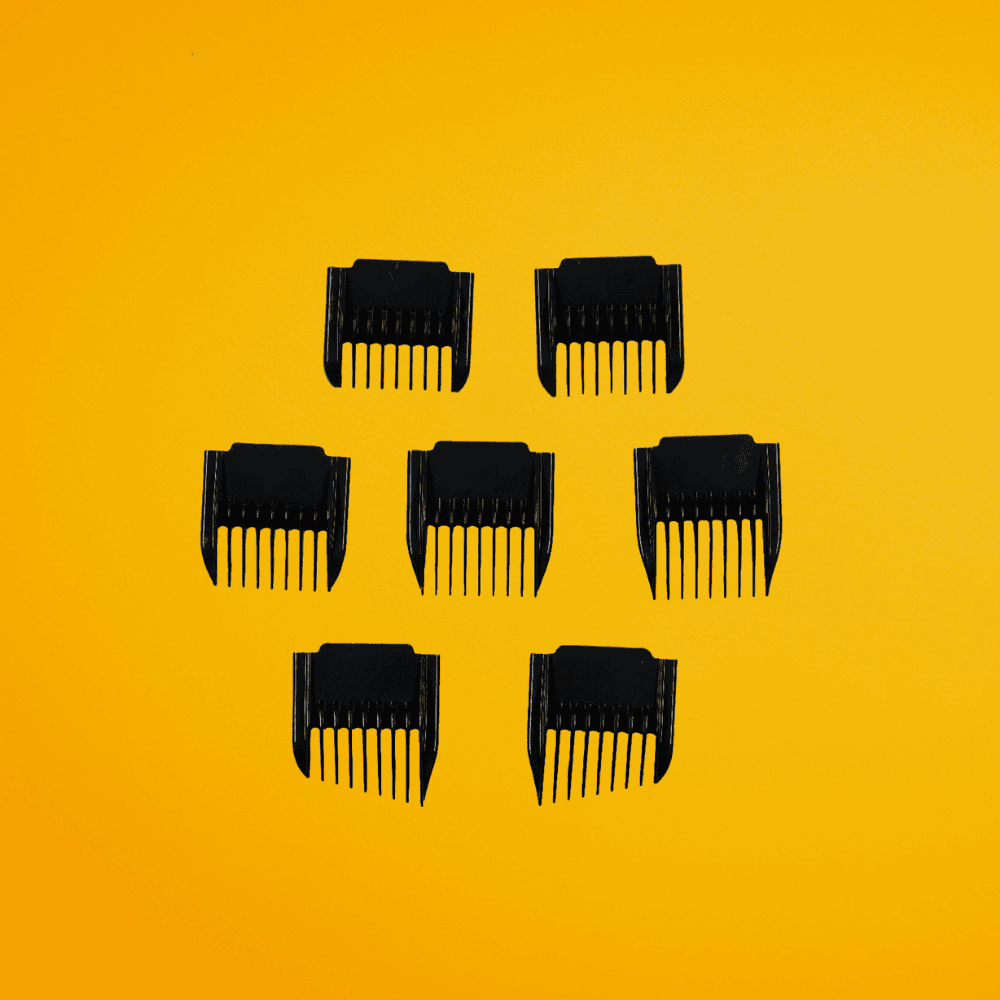 A comprehensive seven-piece set of black plastic trimmer guard attachments for The Cut Buddy Trim Buddy, designed for precise beard and hair detailing.