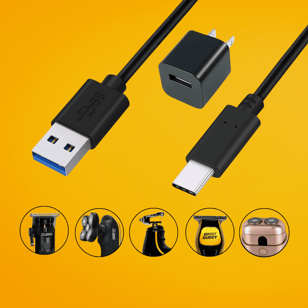 Universal USB-C charging cable and wall adapter shown with compatibility for trimmers, rotary shavers, and foil shavers