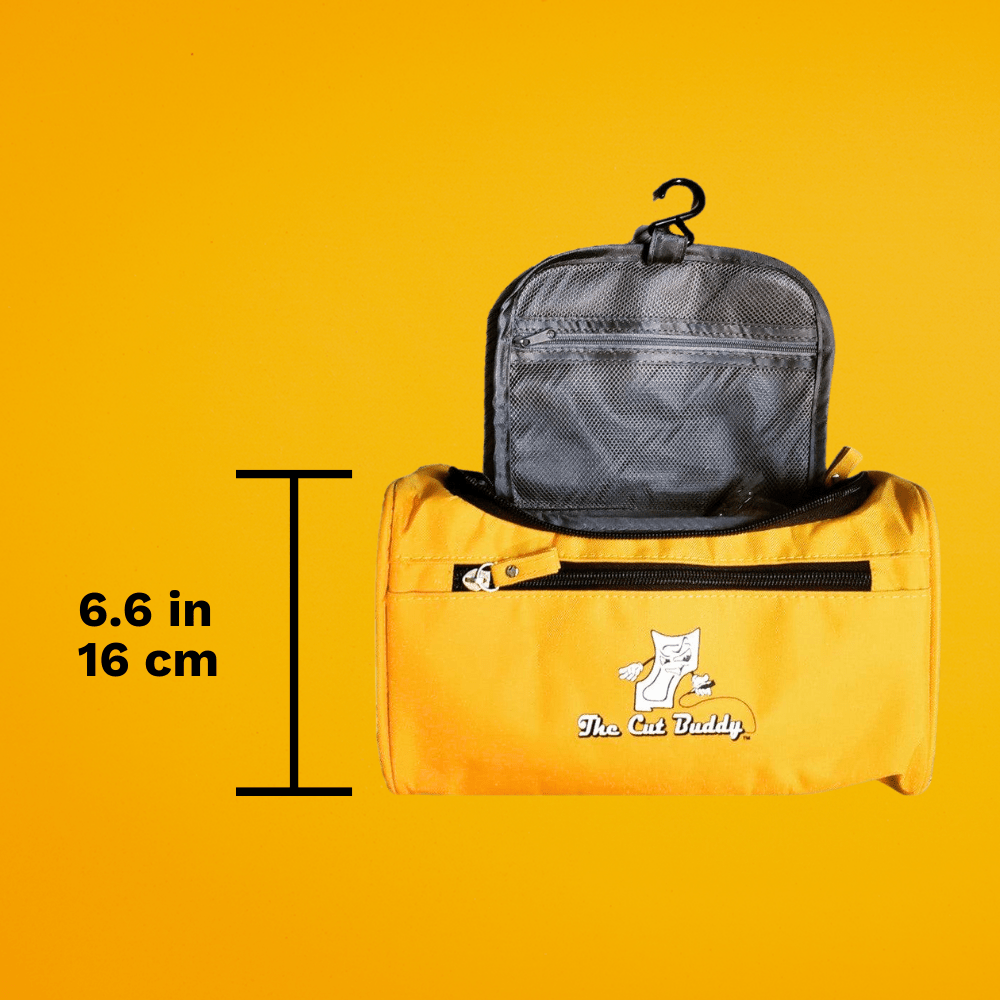 Product specification shot showing a yellow hanging toiletry bag with a height of 6.6 inches or 16 centimeters.