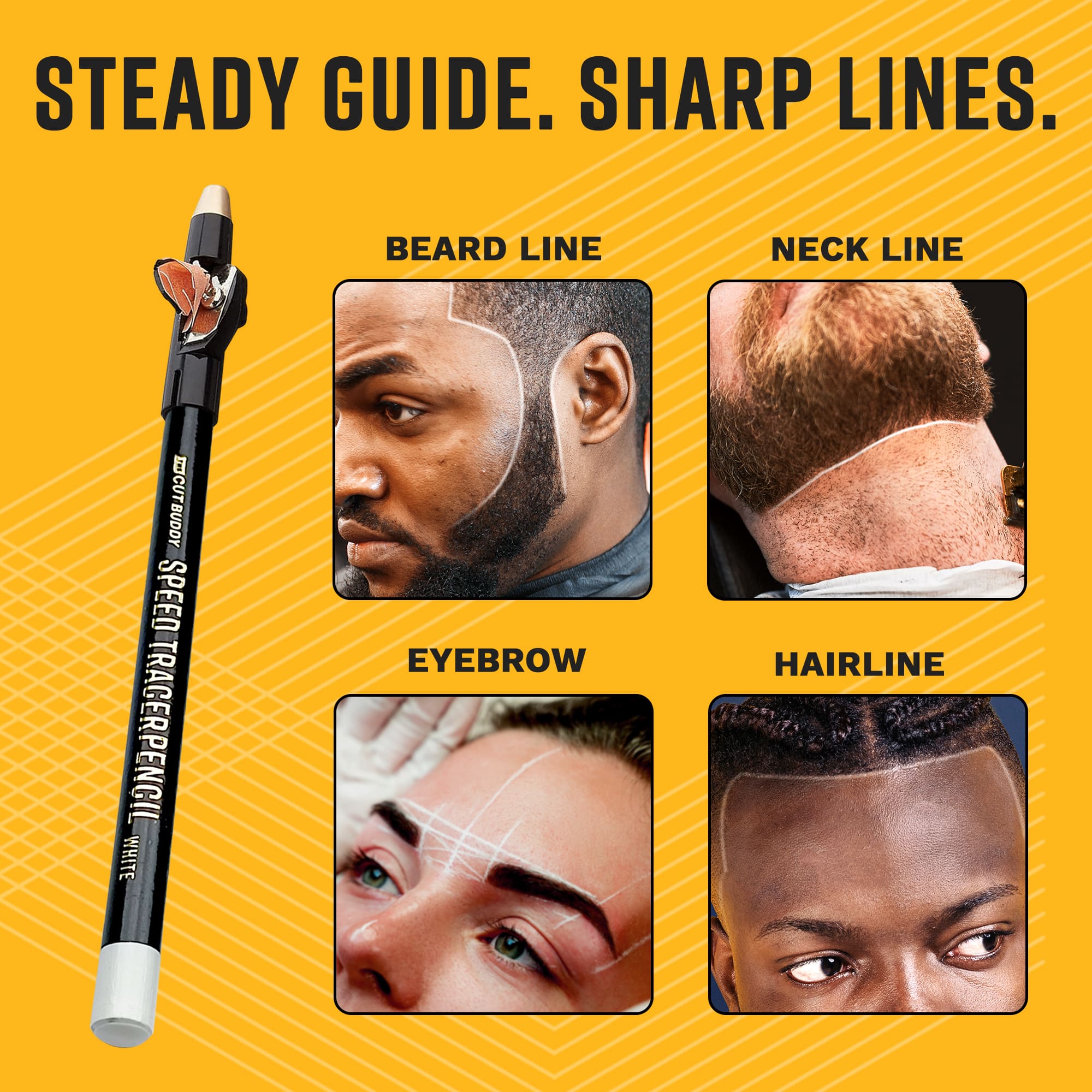 An infographic titled 'STEADY GUIDE. SHARP LINES.' showing white tracer pencil use cases for beard lines, necklines, eyebrows, and hairlines