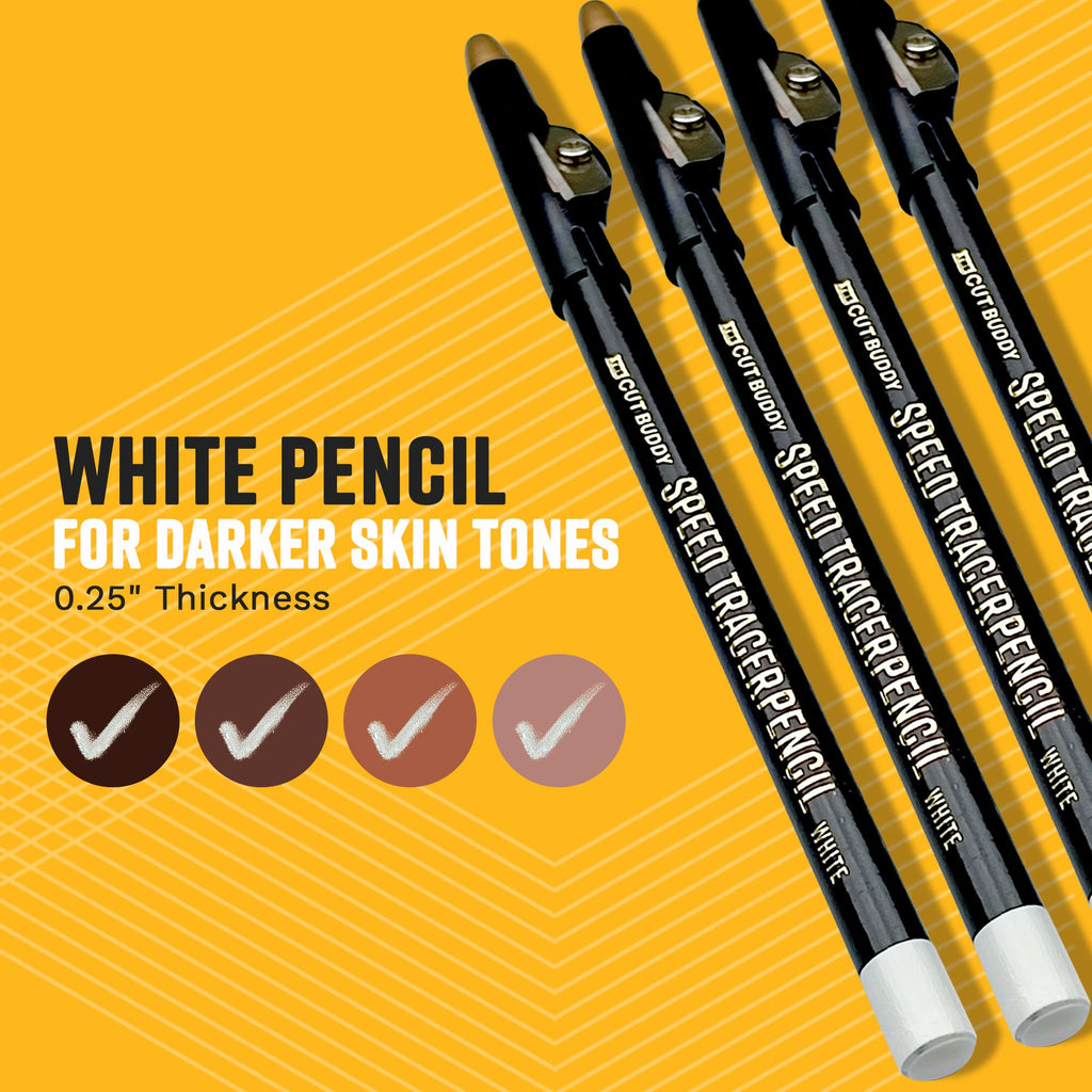 Close-up of four white Speed Tracer Pencils with a graphic showing suitability for four darker skin tones and 0.25-inch thickness.