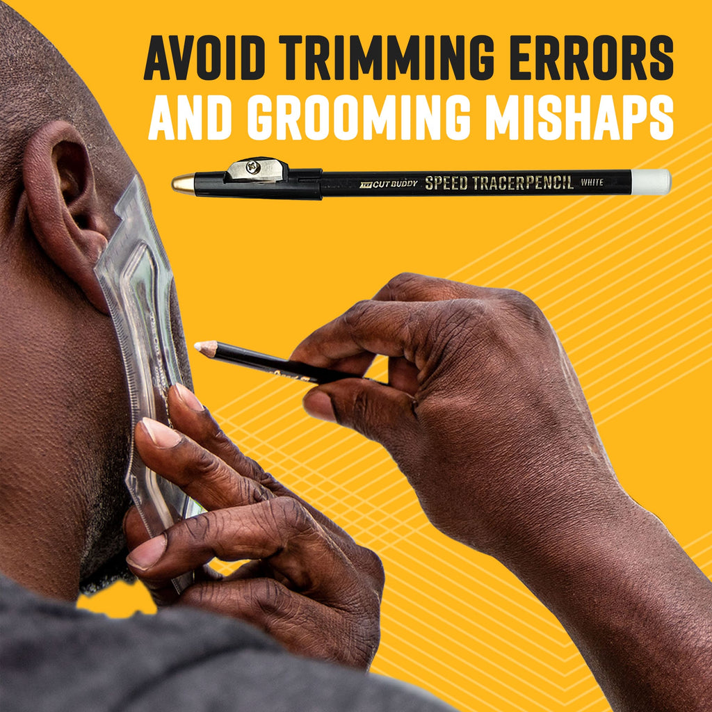 A person using a transparent shaping tool and a white Speed Tracer Pencil to map their hairline, with text advising how to avoid trimming errors.
