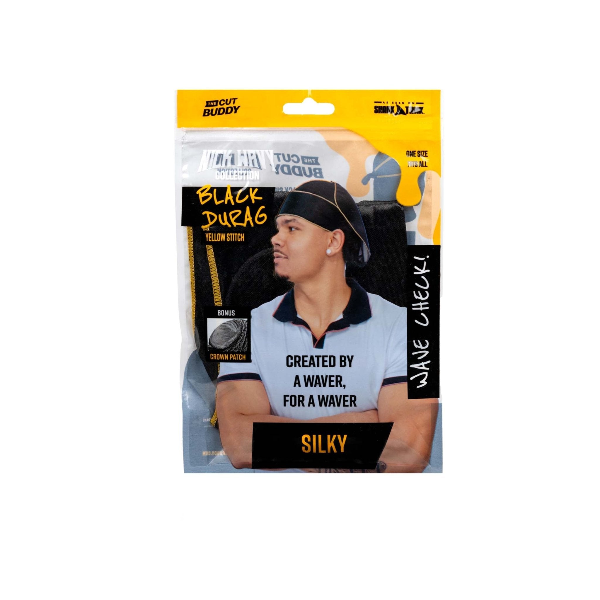Nick Wavy Collection - Satin Durag (Black Body / Yellow Stitch) - The Cut Buddy-The Cut Buddy