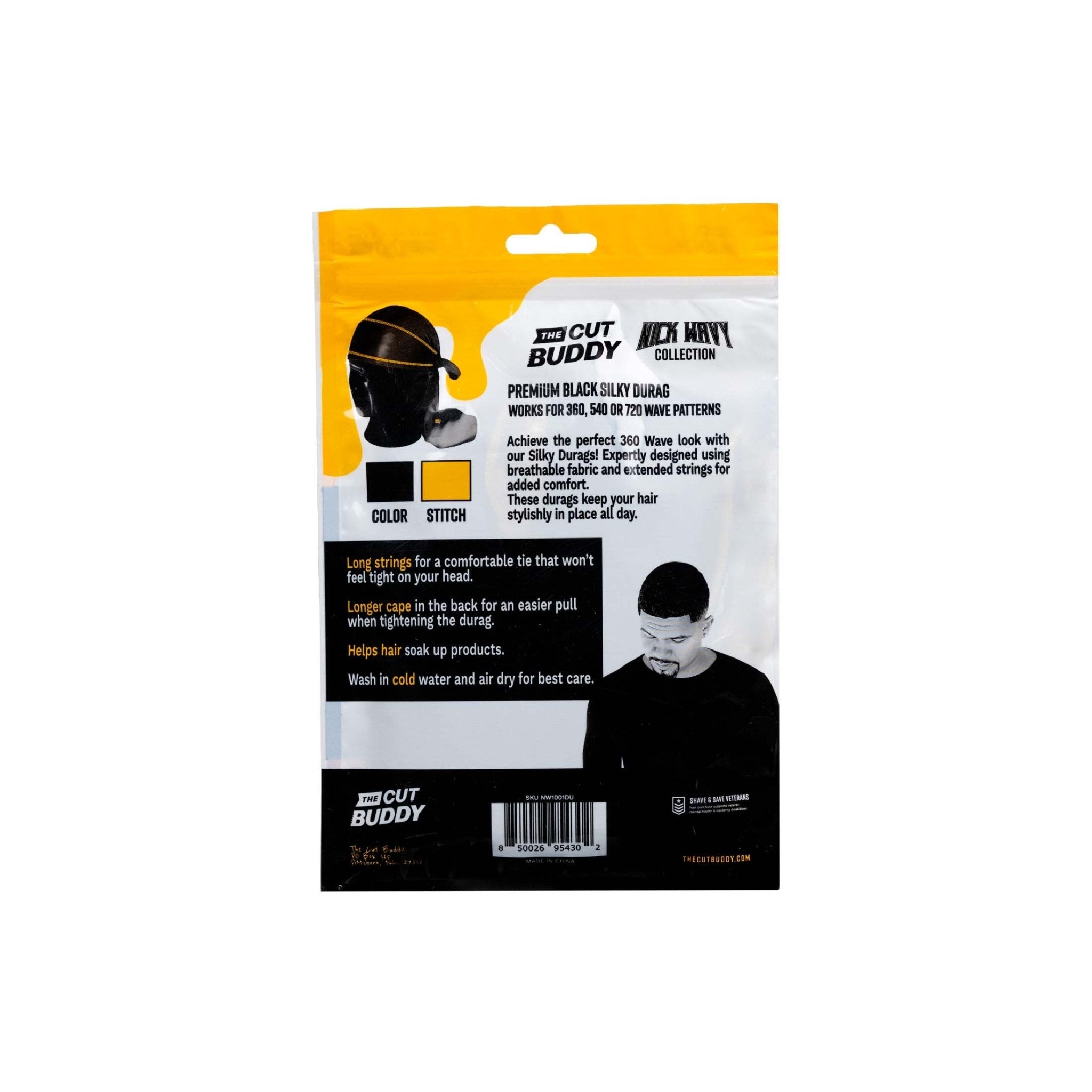 Nick Wavy Collection - Satin Durag (Black Body / Yellow Stitch) - The Cut Buddy-The Cut Buddy