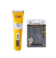 A professional yellow Bald Buddy hair clipper from The Cut Buddy shown next to its clear plastic beard and hairline shaping template tool.